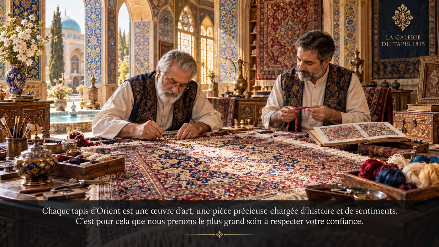 Restauration artisanale de tapis persan Artisan restaurant à la main un tapis persan à La Galerie du Tapis 1815